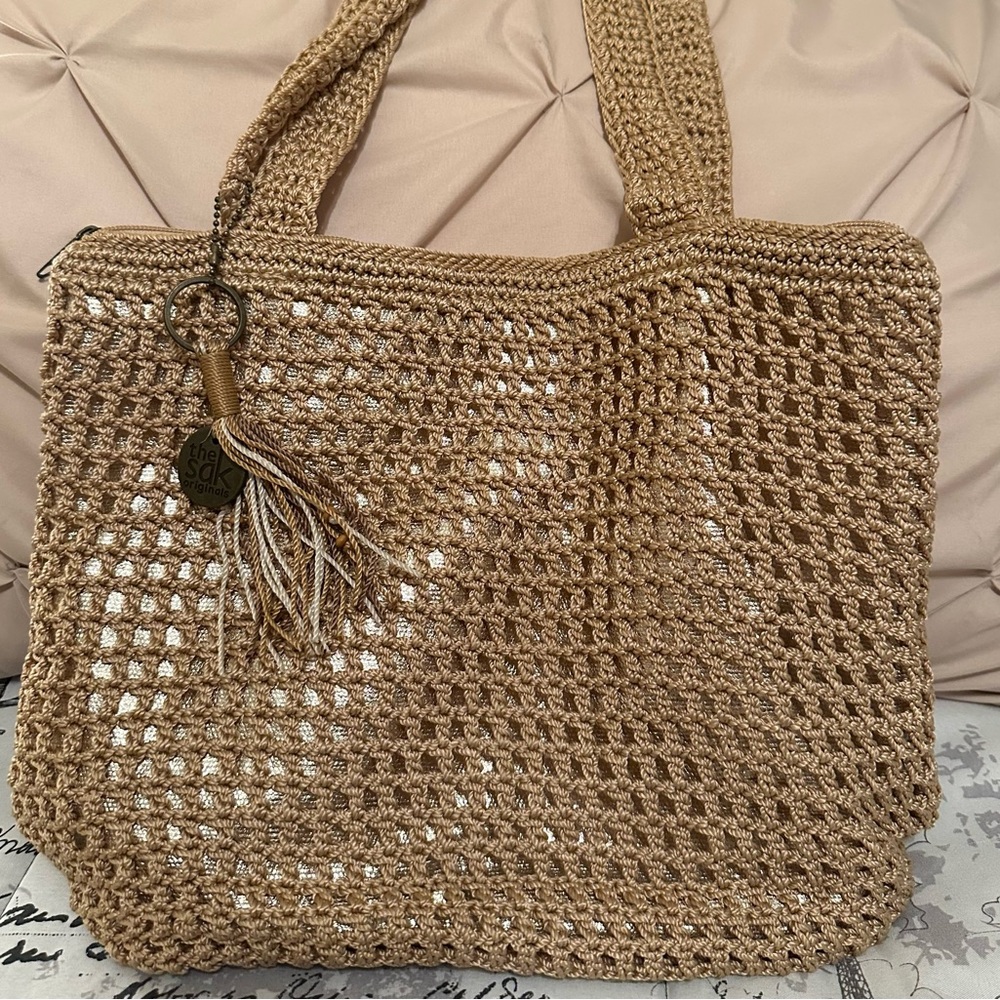 The Sak Tan Woven Tote with Basket-Weave Pattern